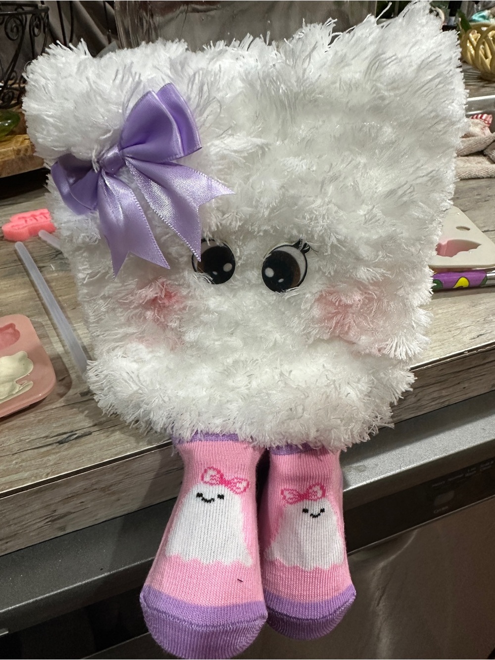 White Plush Bunny with Purple Bow and Pink Socks - Soft Cuddly Kids Toy